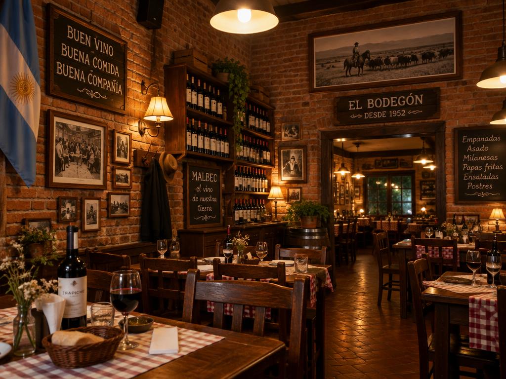 Salón de bodegón con paredes de ladrillo y mesas de madera